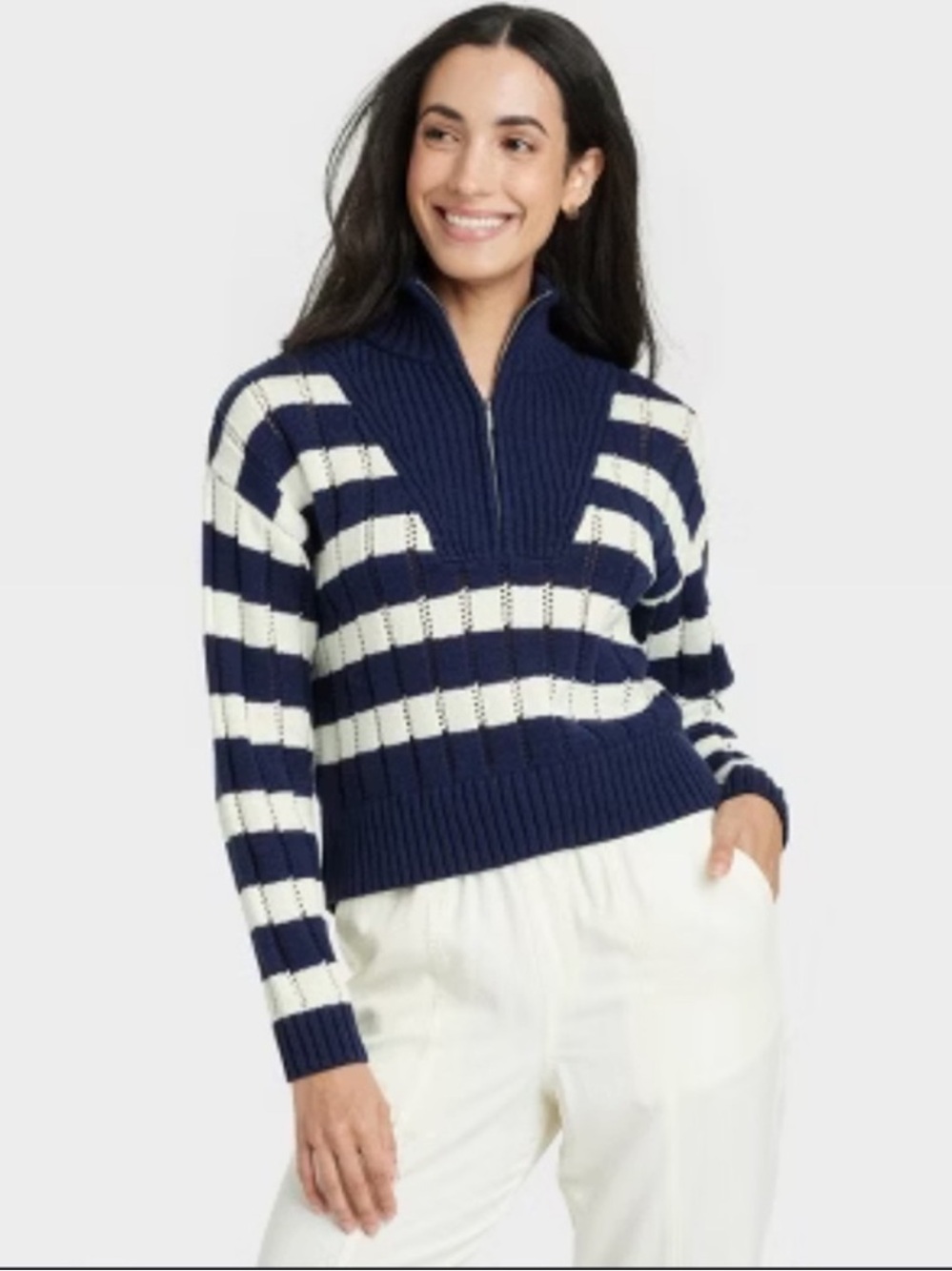 NWT A New Day Navy & White Striped Half-Zip Ribbed Small Mock Neck Small Sweate
